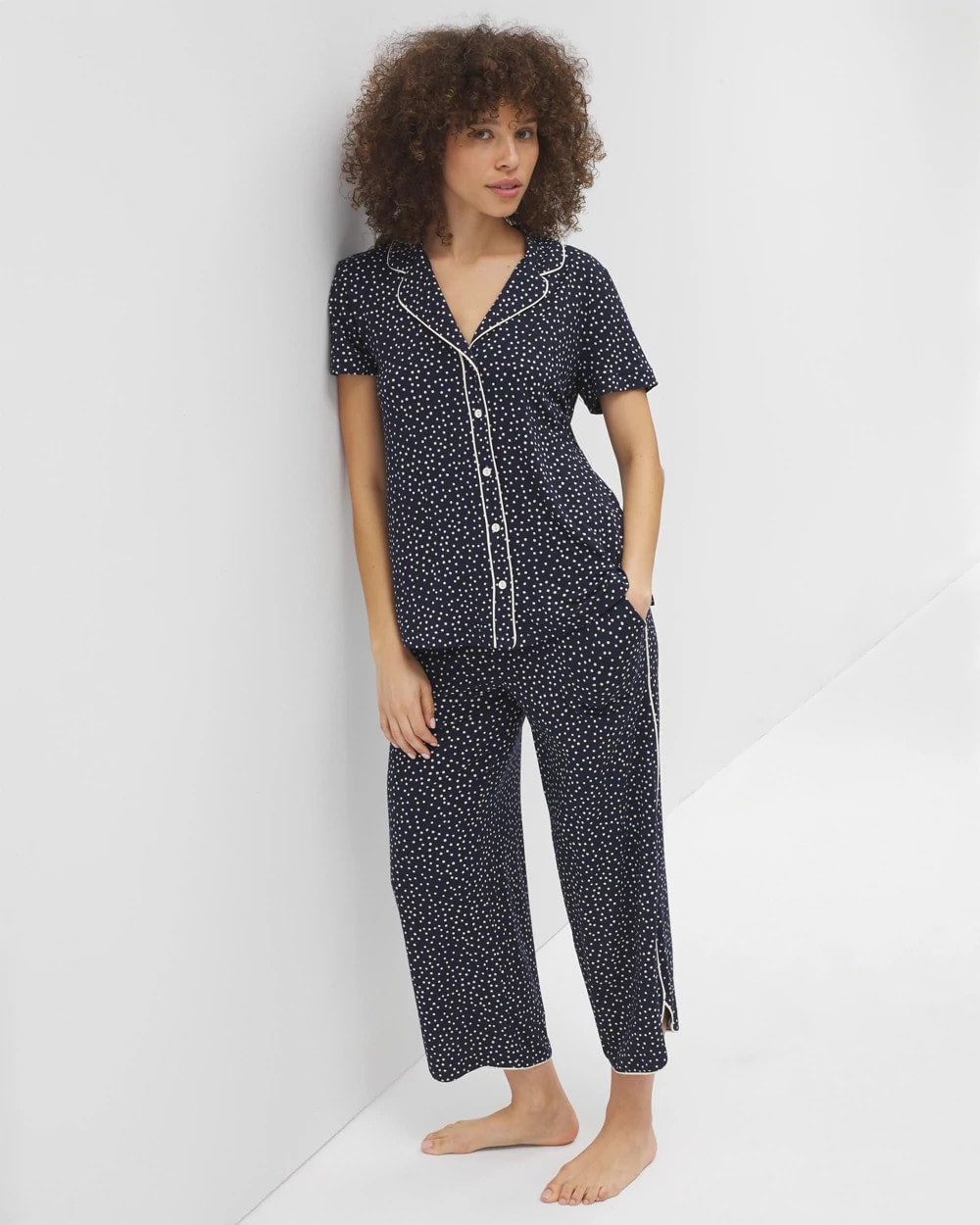 DOT OBSESSED NAVY Piped Short Sleeve Notch Collar Pajama Top