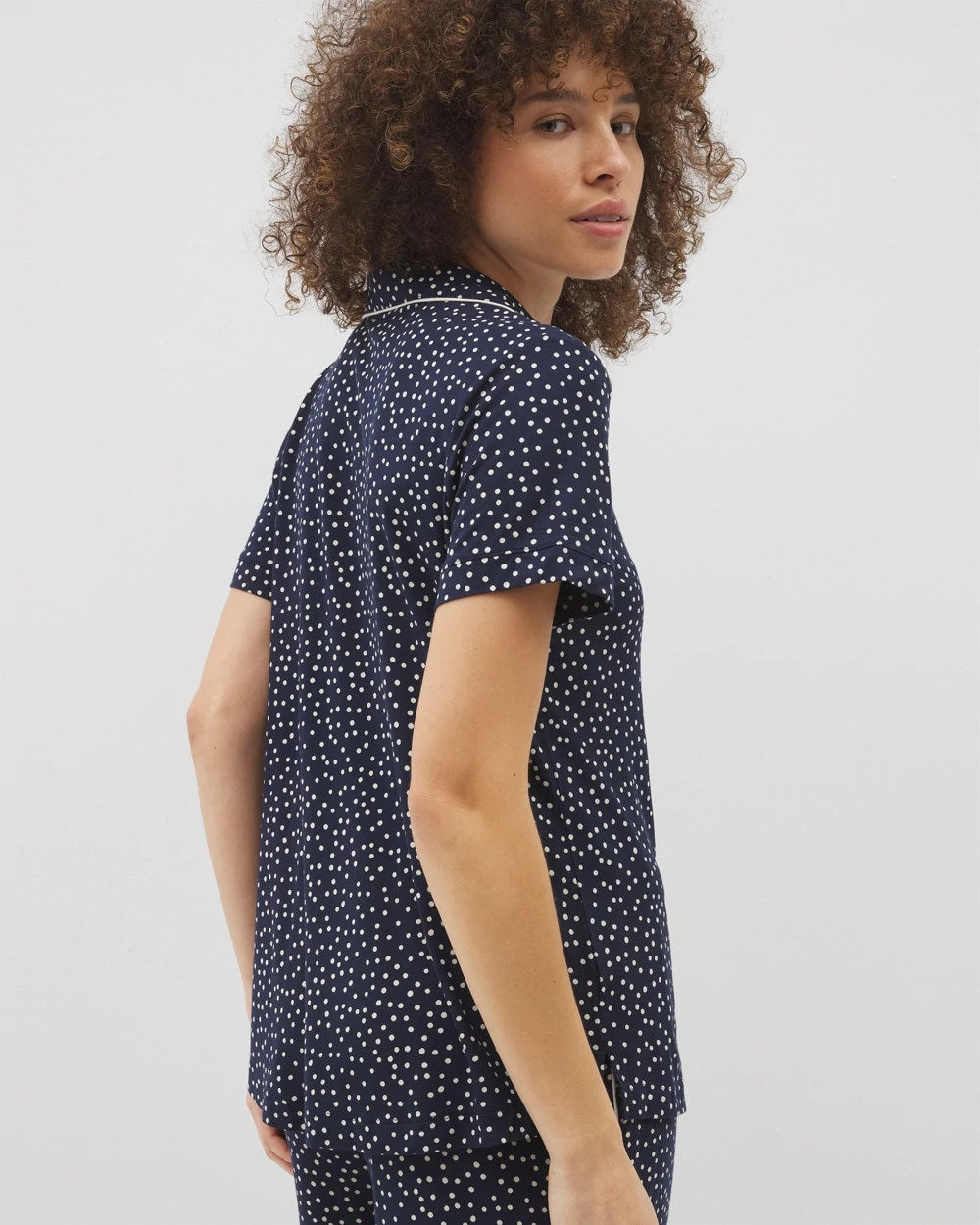 DOT OBSESSED NAVY Piped Short Sleeve Notch Collar Pajama Top