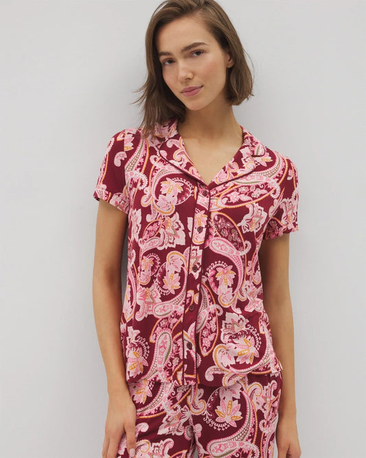 KASHMIR PAISLEY KISS Piped Short Sleeve Notch Collar Pajama Top