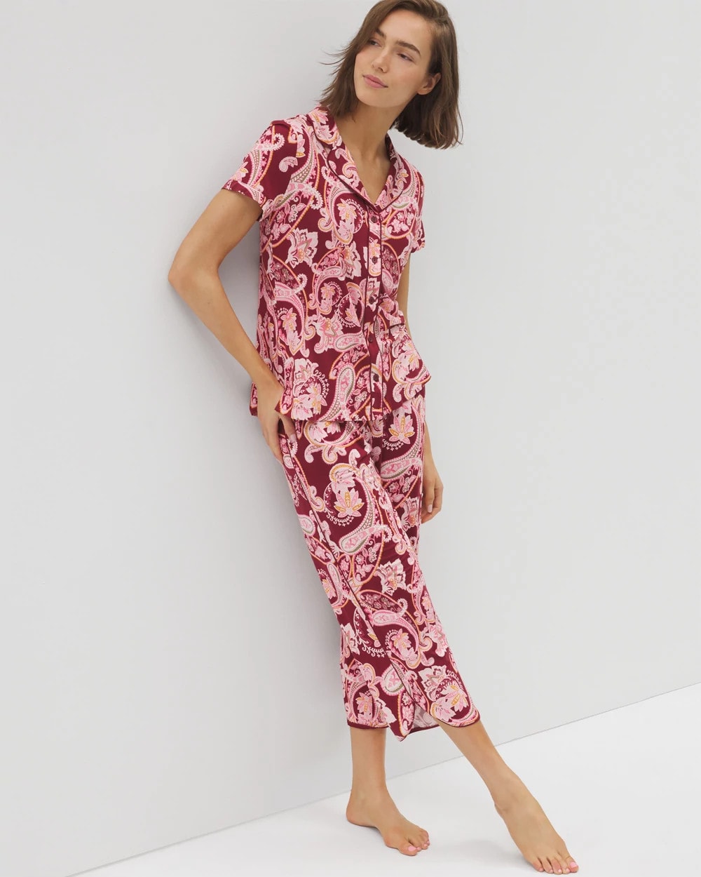 KASHMIR PAISLEY KISS Piped Short Sleeve Notch Collar Pajama Top