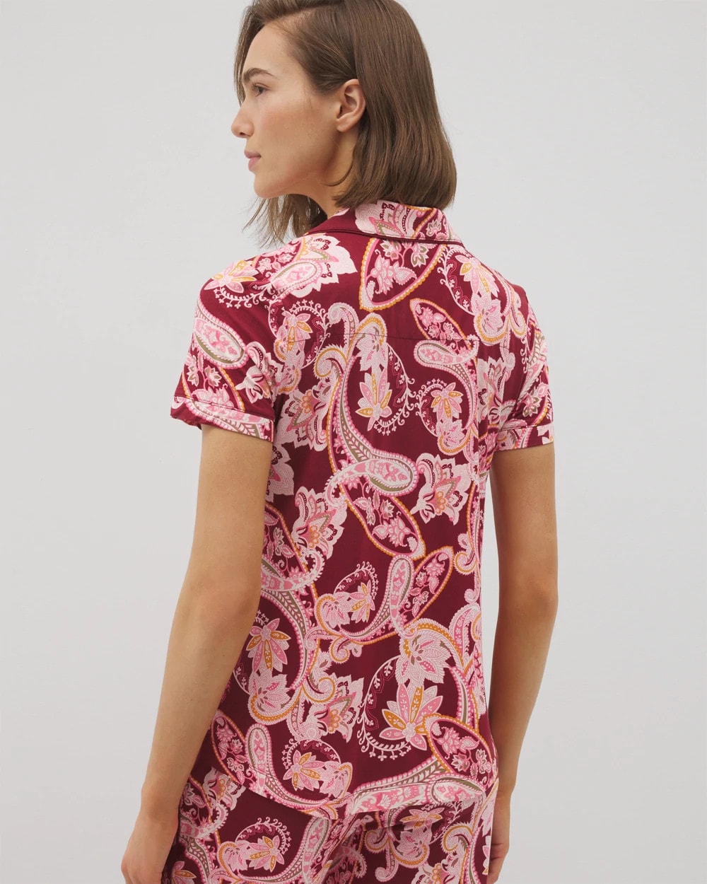 KASHMIR PAISLEY KISS Piped Short Sleeve Notch Collar Pajama Top