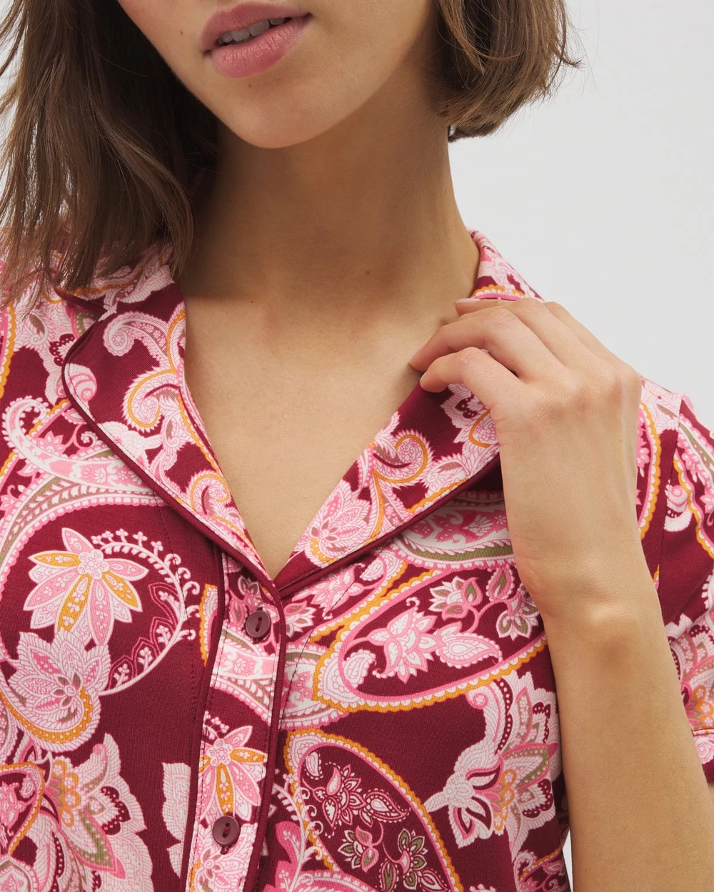 KASHMIR PAISLEY KISS Piped Short Sleeve Notch Collar Pajama Top
