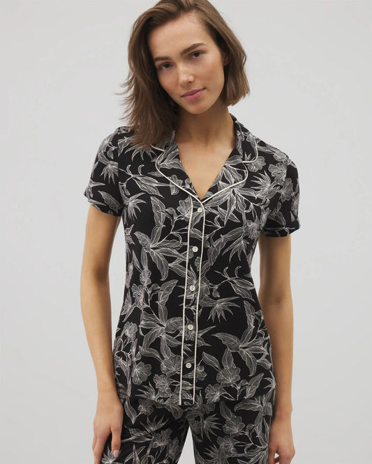 PLUMERIA BLOOMS BLK CH Piped Short Sleeve Notch Collar Pajama Top