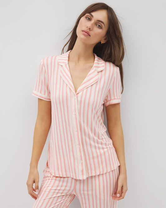 SUNNY STRIPES CHAMPAGNE Piped Short Sleeve Notch Collar Pajama Top