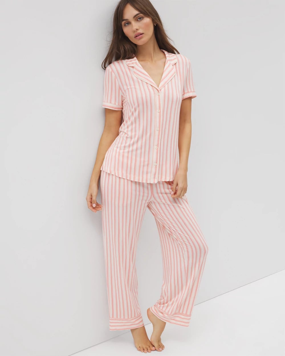 SUNNY STRIPES CHAMPAGNE Piped Short Sleeve Notch Collar Pajama Top