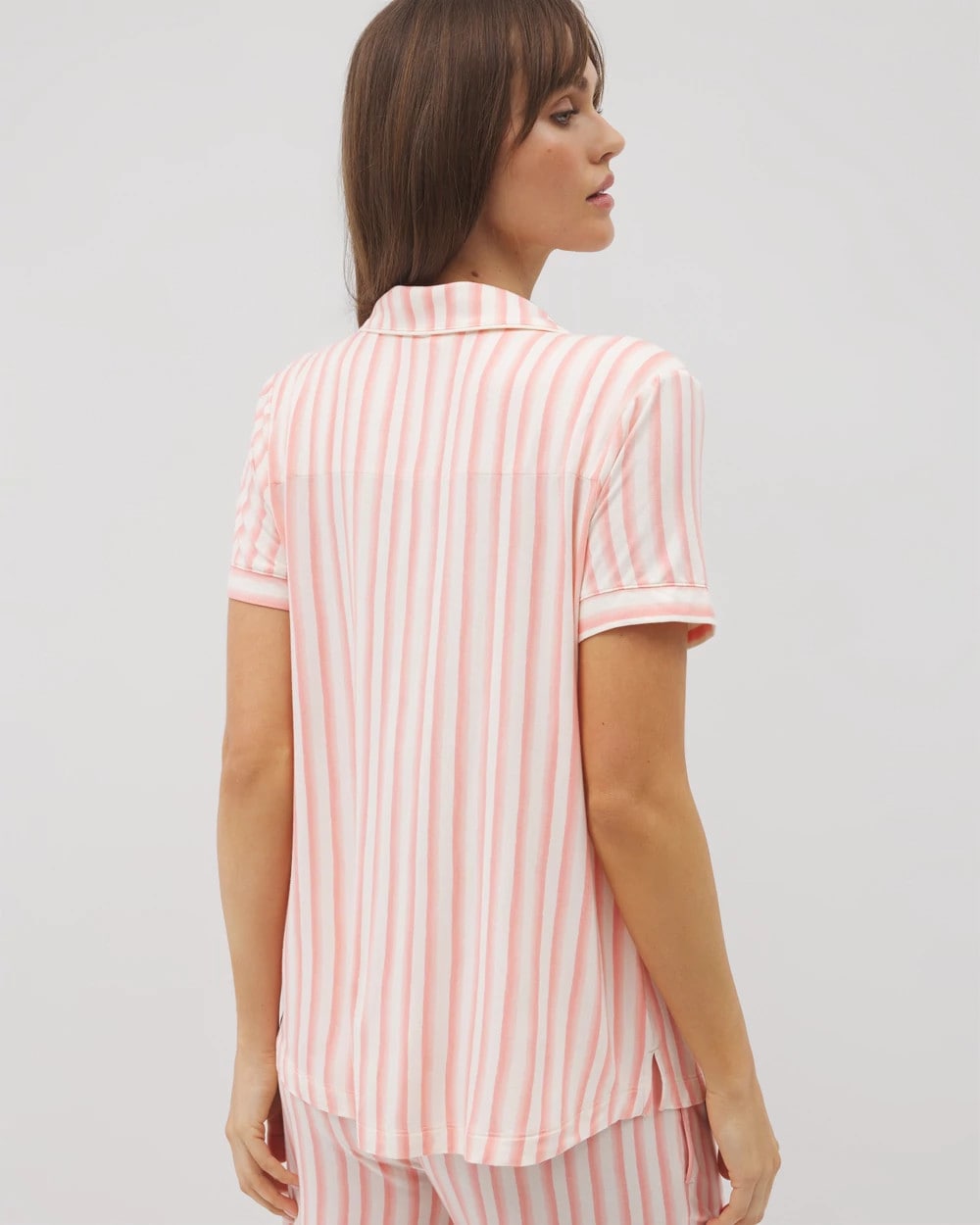SUNNY STRIPES CHAMPAGNE Piped Short Sleeve Notch Collar Pajama Top