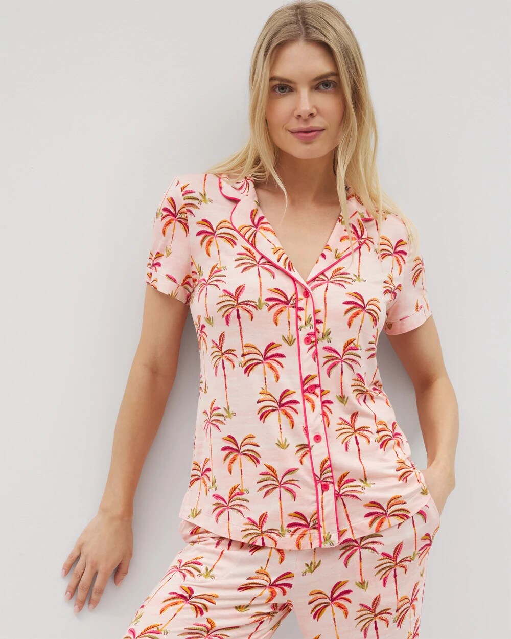 SHAKE YOUR PALM PALMS P Piped Short Sleeve Notch Collar Pajama Top