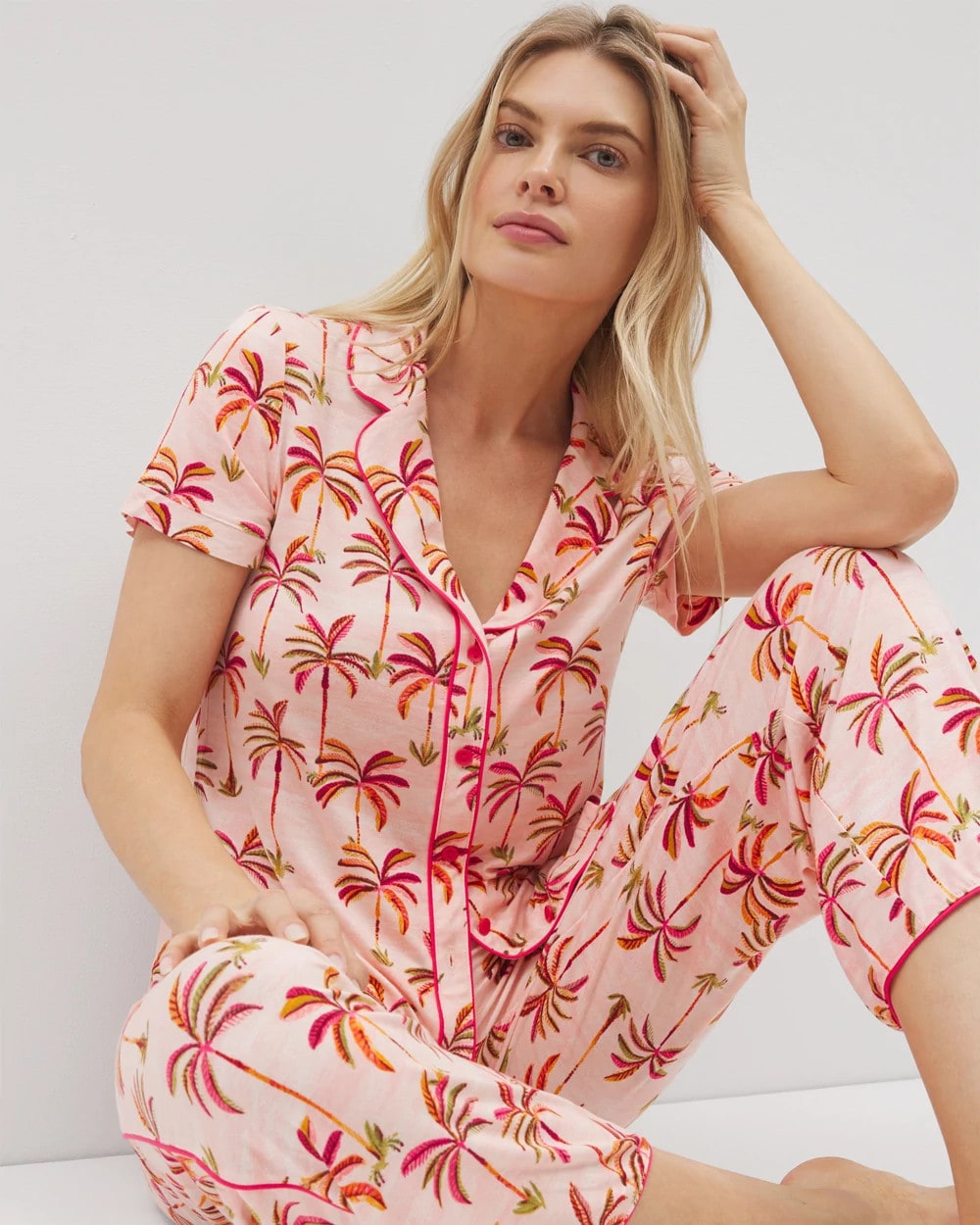 SHAKE YOUR PALM PALMS P Piped Short Sleeve Notch Collar Pajama Top