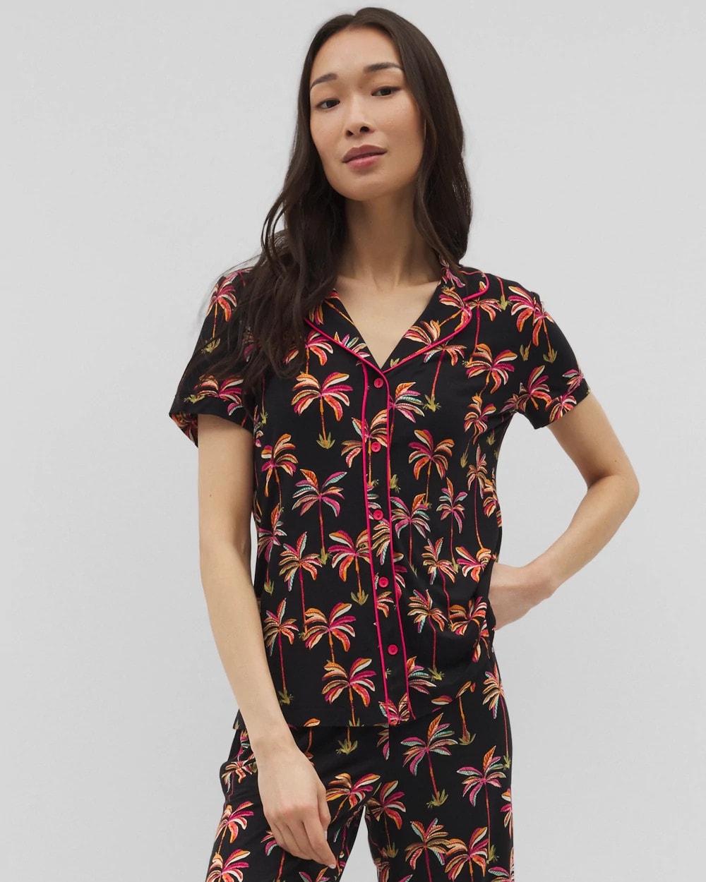 SHAKE YOUR PALM PALMS BLK Piped Short Sleeve Notch Collar Pajama Top