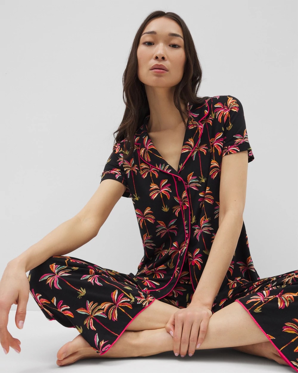 SHAKE YOUR PALM PALMS BLK Piped Short Sleeve Notch Collar Pajama Top