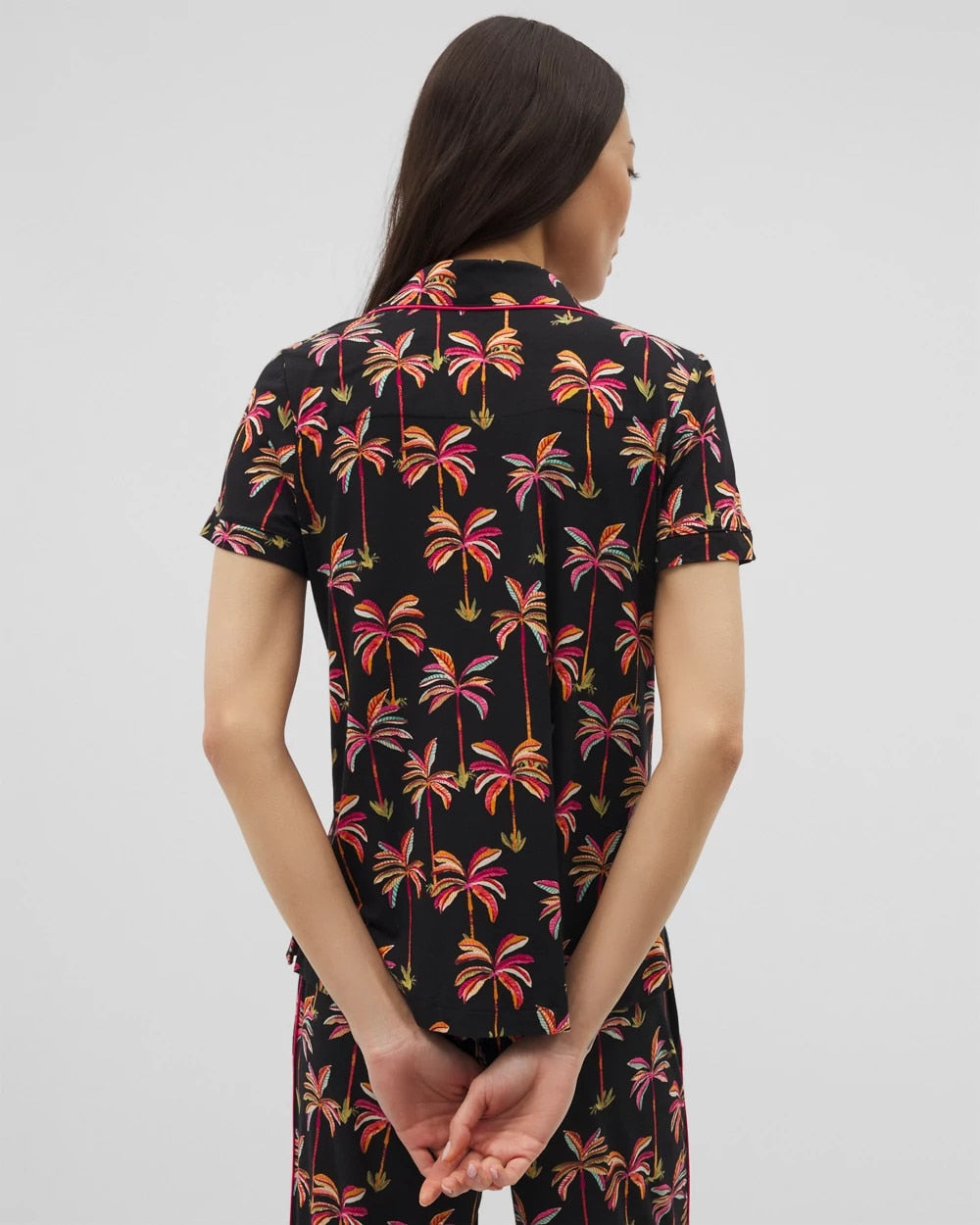 SHAKE YOUR PALM PALMS BLK Piped Short Sleeve Notch Collar Pajama Top