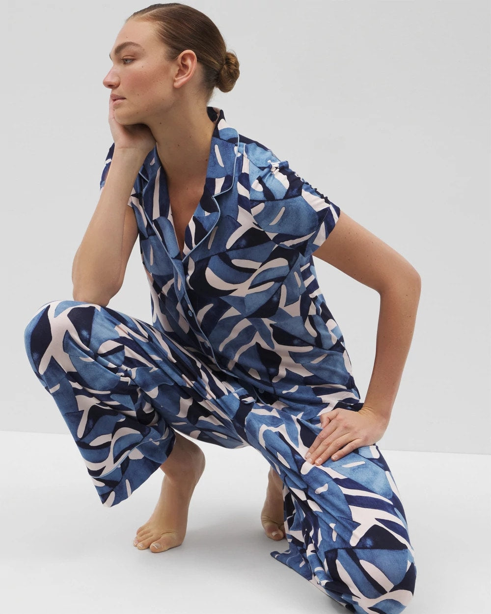 TROPICAL BREEZE SKY Piped Short Sleeve Notch Collar Pajama Top