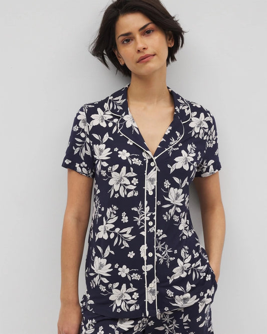 PLUMERIA DREAM NAVY Piped Short Sleeve Notch Collar Pajama Top