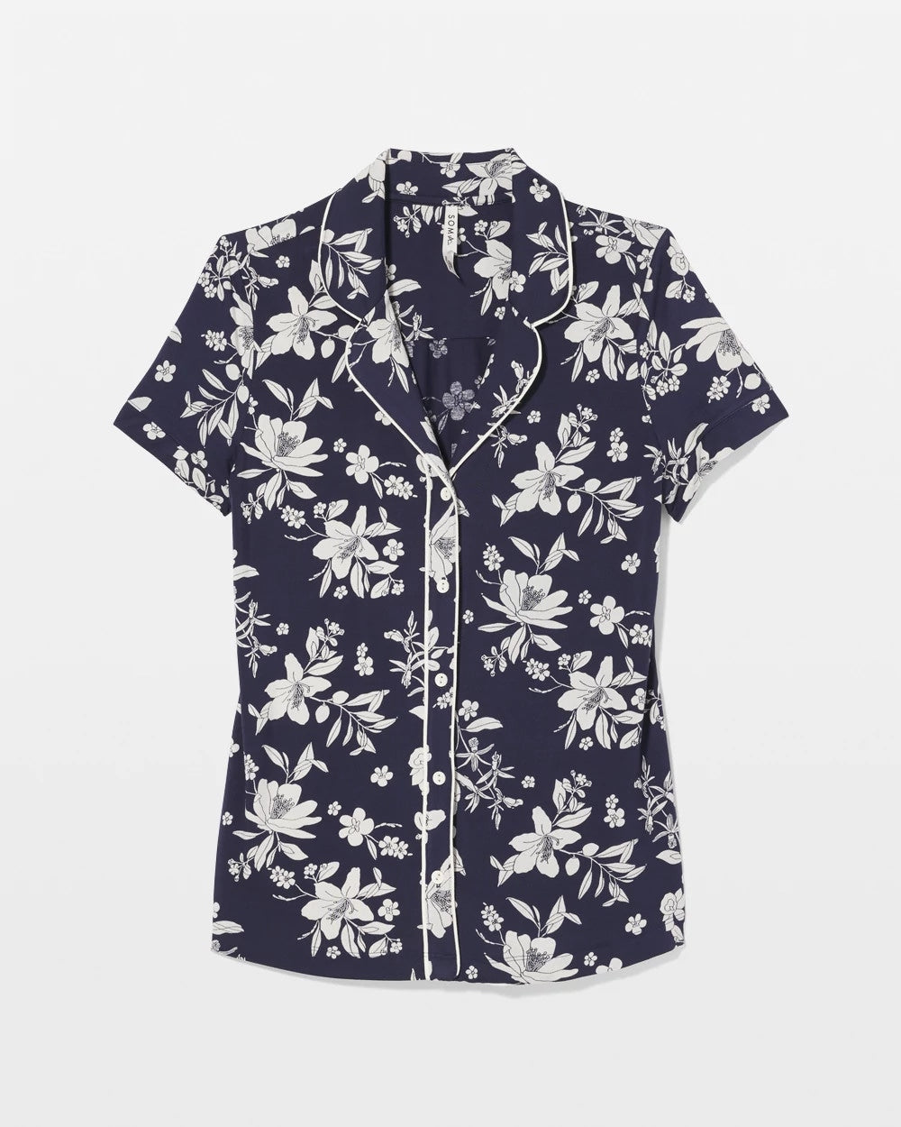 PLUMERIA DREAM NAVY Piped Short Sleeve Notch Collar Pajama Top