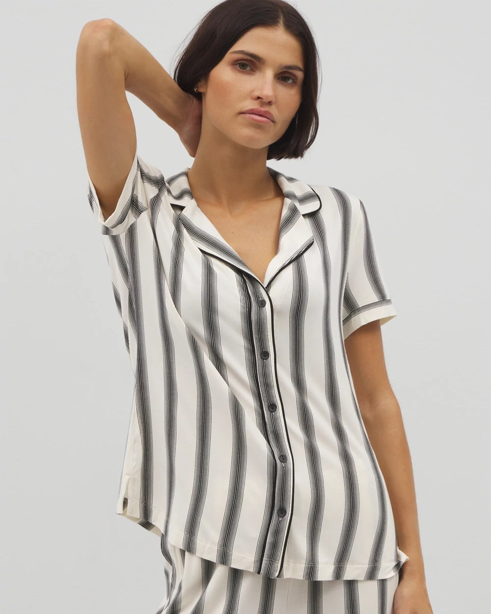 HAMPTON STRIPE BLACK Piped Short Sleeve Notch Collar Pajama Top
