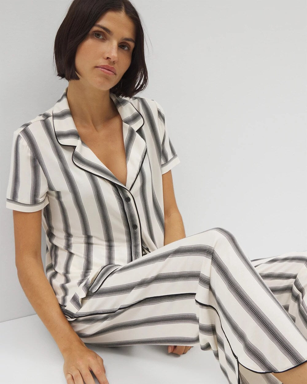 HAMPTON STRIPE BLACK Piped Short Sleeve Notch Collar Pajama Top