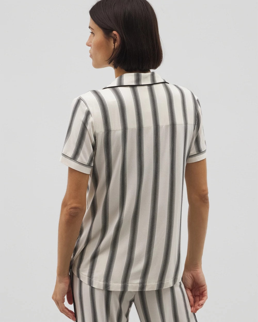 HAMPTON STRIPE BLACK Piped Short Sleeve Notch Collar Pajama Top