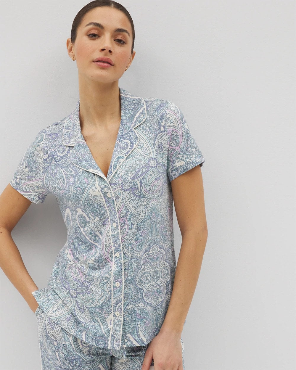 GLOBAL PAISLEY GRAND C Piped Short Sleeve Notch Collar Pajama Top