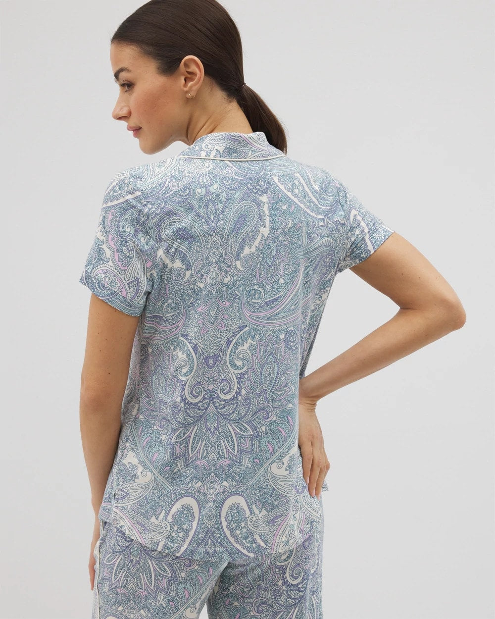 GLOBAL PAISLEY GRAND C Piped Short Sleeve Notch Collar Pajama Top