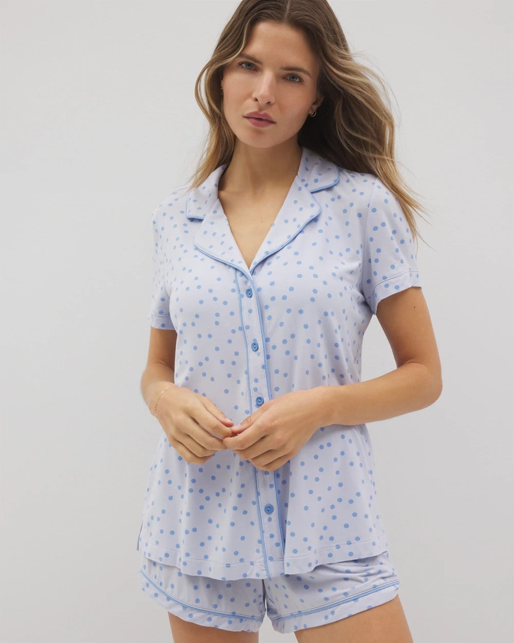 MERRY DOT OCEAN AIR Piped Short Sleeve Notch Collar Pajama Top