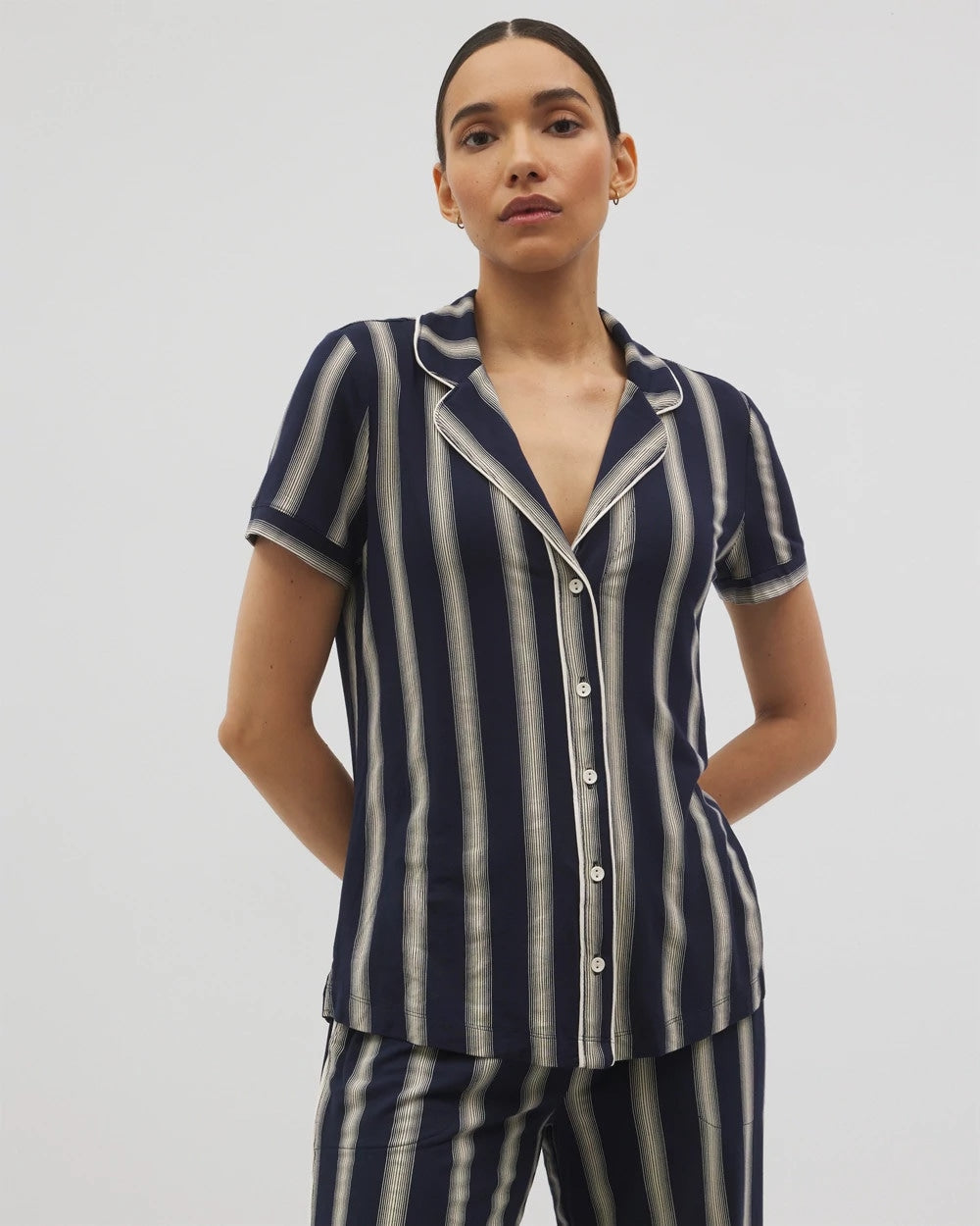 HAMPTON STRIPE NA CHAMP Piped Short Sleeve Notch Collar Pajama Top