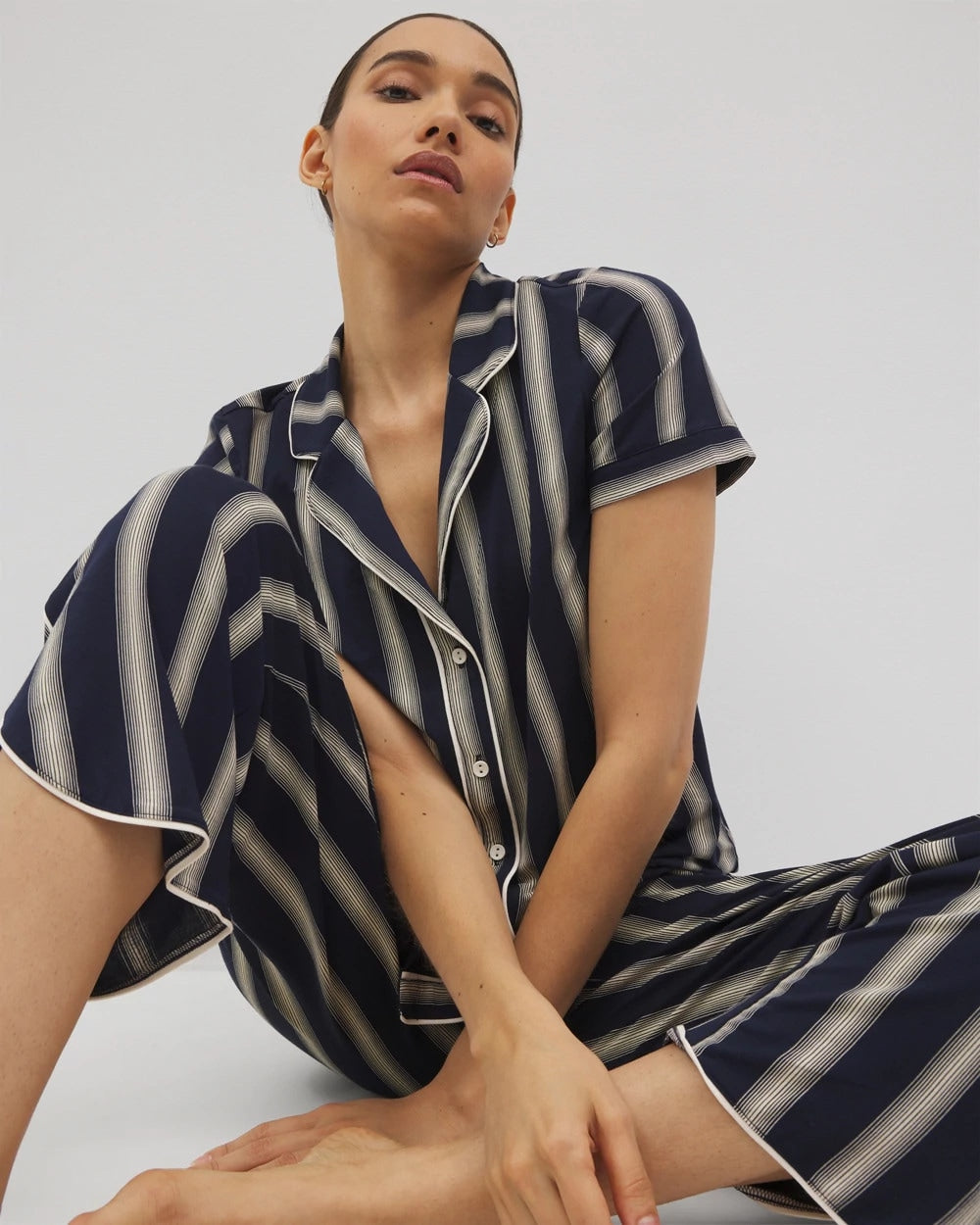 HAMPTON STRIPE NA CHAMP Piped Short Sleeve Notch Collar Pajama Top
