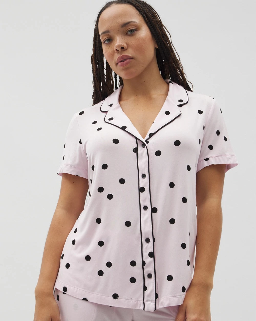 CHEERFUL DOT B SUGAR Piped Short Sleeve Notch Collar Pajama Top