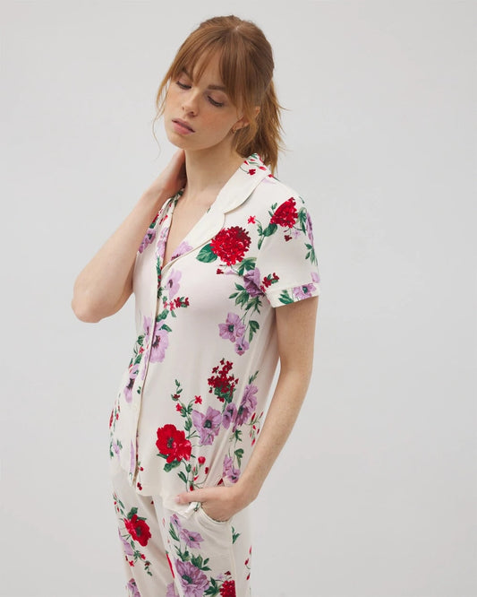 RHAPSODY FLORAL SUGAR Piped Short Sleeve Notch Collar Pajama Top