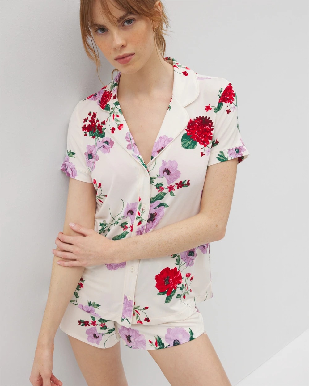 RHAPSODY FLORAL SUGAR Piped Short Sleeve Notch Collar Pajama Top