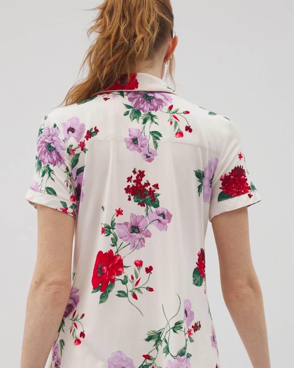 RHAPSODY FLORAL SUGAR Piped Short Sleeve Notch Collar Pajama Top