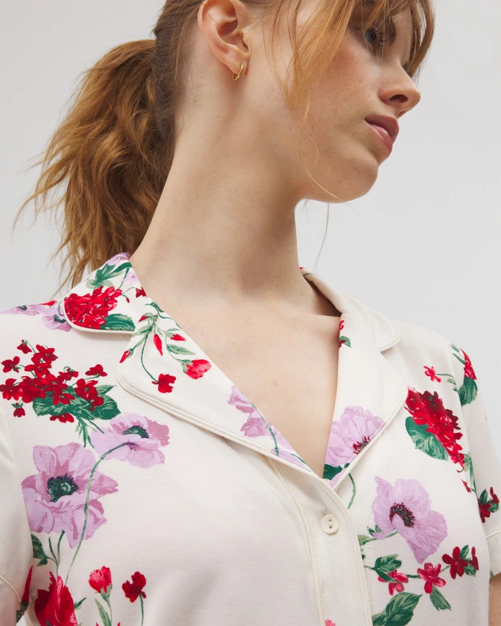 RHAPSODY FLORAL SUGAR Piped Short Sleeve Notch Collar Pajama Top