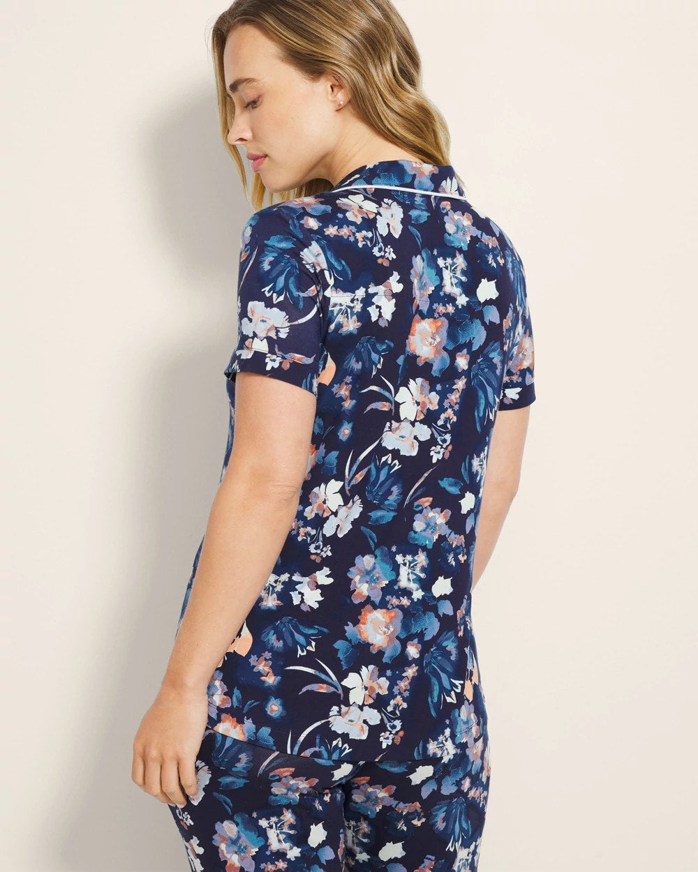 PHANTOM FLORAL NAVY Piped Short Sleeve Notch Collar Pajama Top
