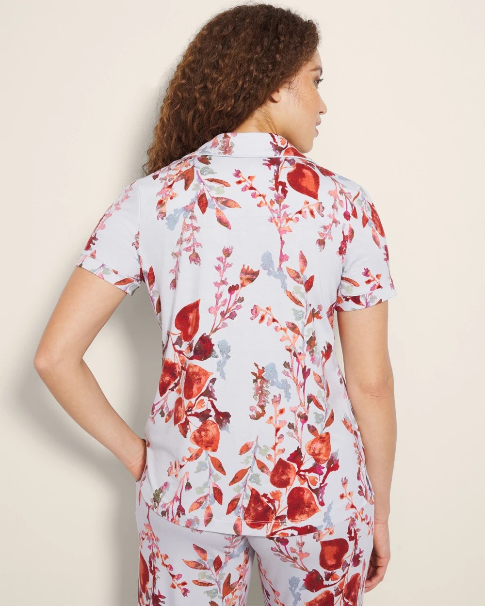 FORAGED FLORAL BLUE MIST Piped Short Sleeve Notch Collar Pajama Top