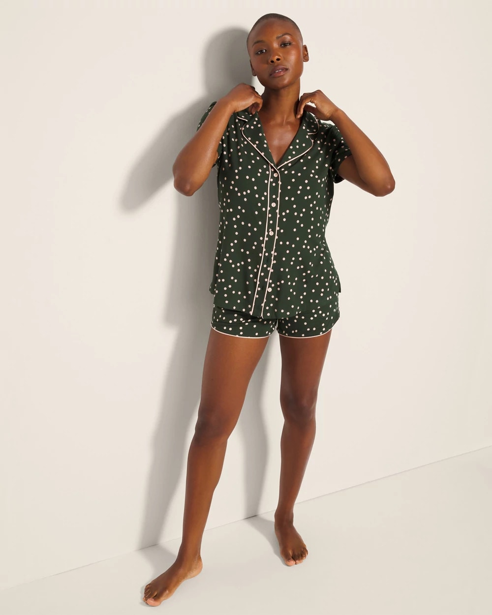 MERRY DOT LUSH EMERALD Piped Short Sleeve Notch Collar Pajama Top