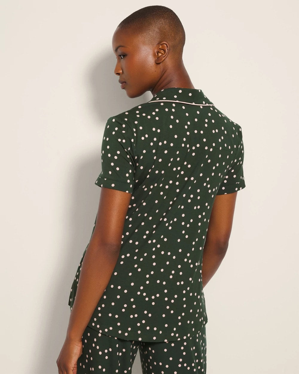 MERRY DOT LUSH EMERALD Piped Short Sleeve Notch Collar Pajama Top