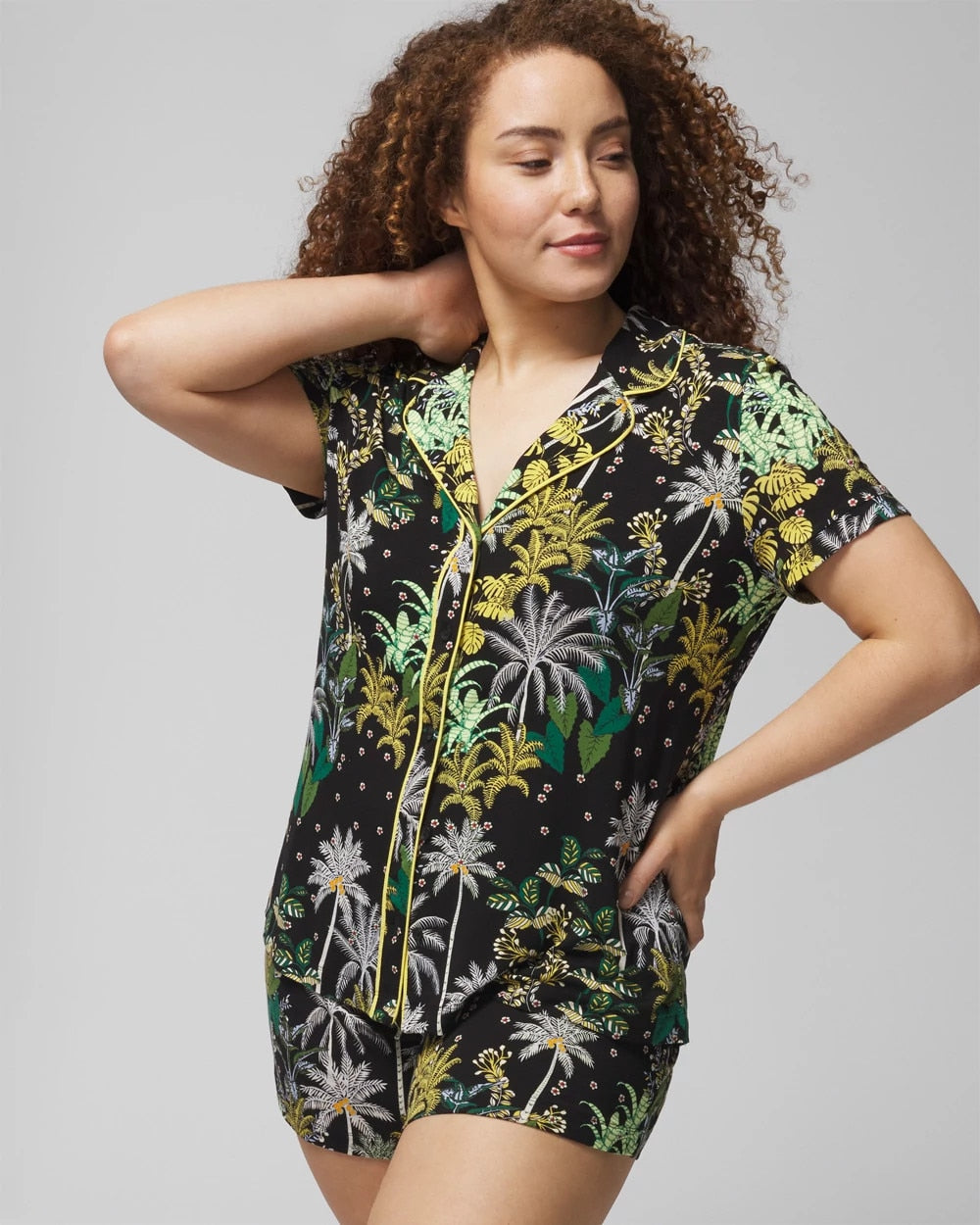 OASIS PALMS BLACK/WS Piped Short Sleeve Notch Collar Pajama Top