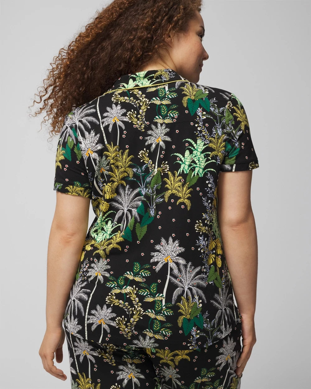 OASIS PALMS BLACK/WS Piped Short Sleeve Notch Collar Pajama Top