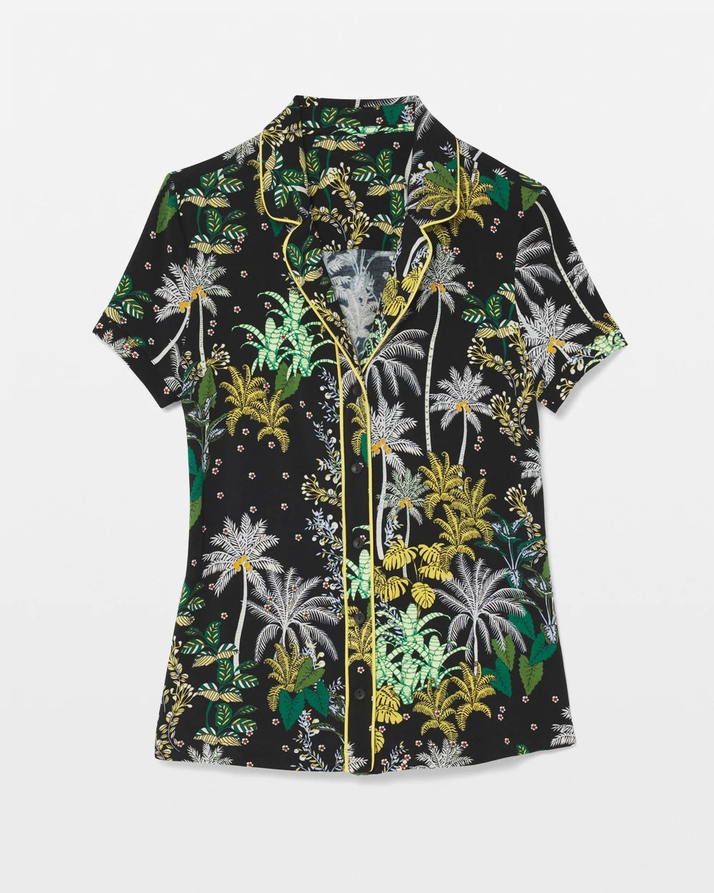 OASIS PALMS BLACK/WS Piped Short Sleeve Notch Collar Pajama Top