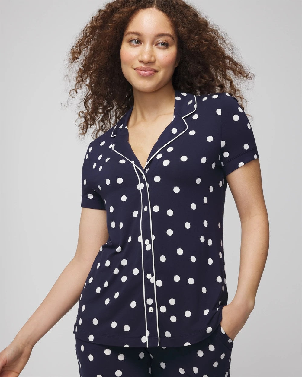 MERRY DOT G NAVY/IVORY Piped Short Sleeve Notch Collar Pajama Top