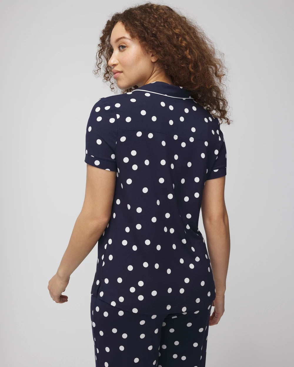 MERRY DOT G NAVY/IVORY Piped Short Sleeve Notch Collar Pajama Top