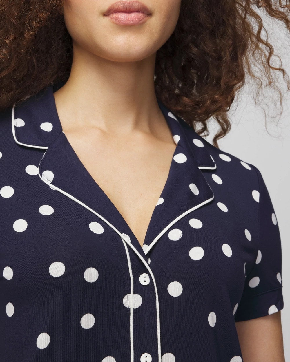 MERRY DOT G NAVY/IVORY Piped Short Sleeve Notch Collar Pajama Top