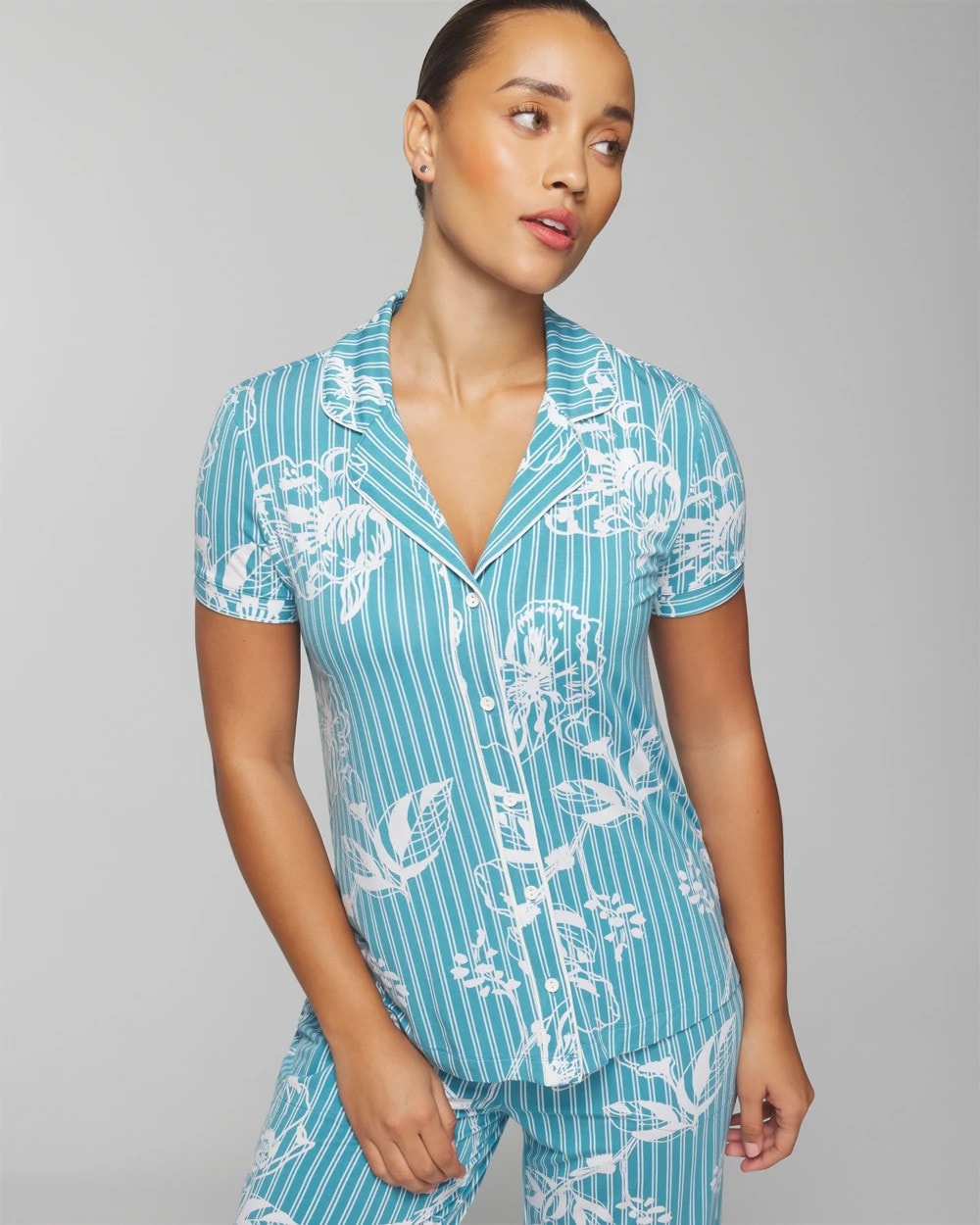 PAINTED PETALS SMALL Piped Short Sleeve Notch Collar Pajama Top