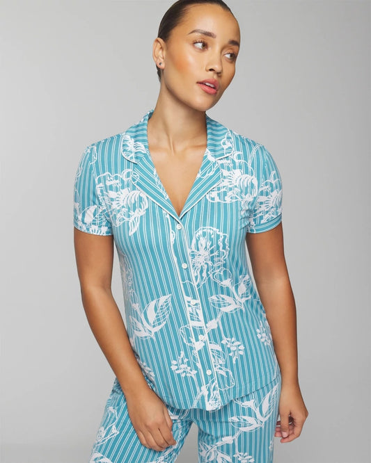 PAINTED PETALS SMALL Piped Short Sleeve Notch Collar Pajama Top