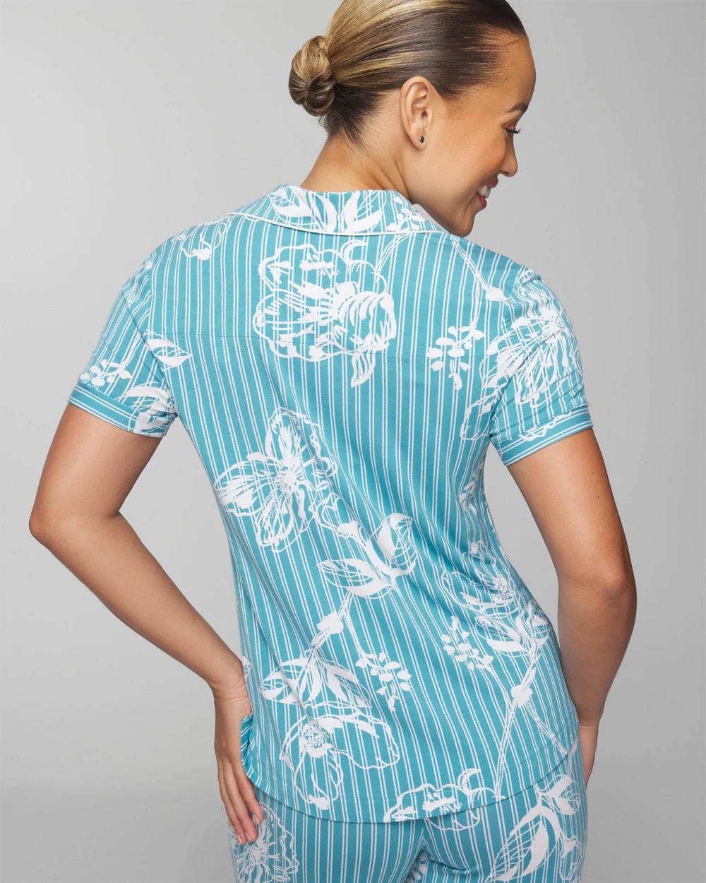 PAINTED PETALS SMALL Piped Short Sleeve Notch Collar Pajama Top