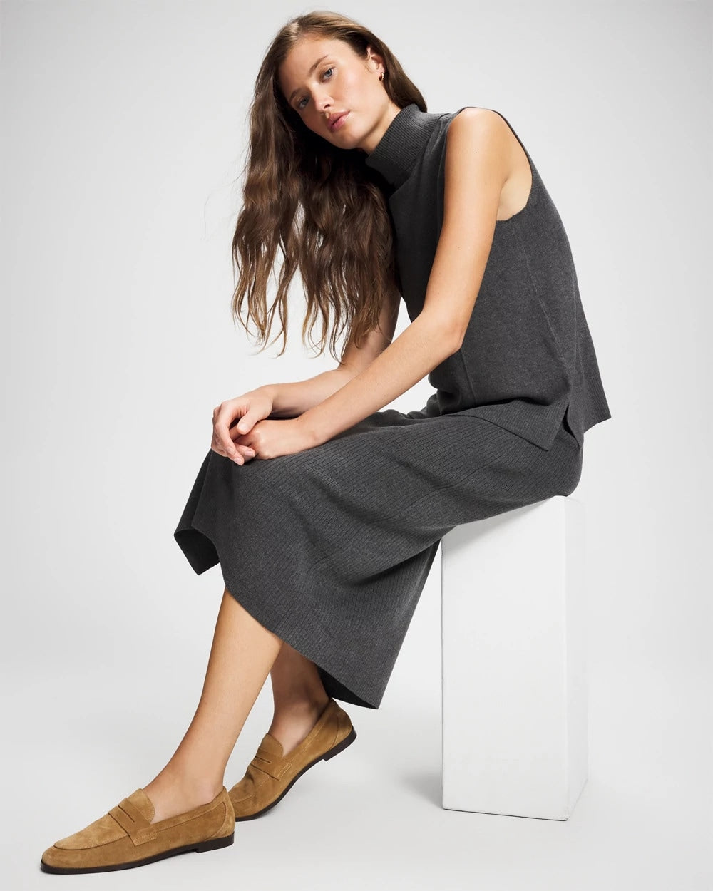 HEATHER QUARTZ Premier Knit Sweater Turtleneck Sleeveless Top