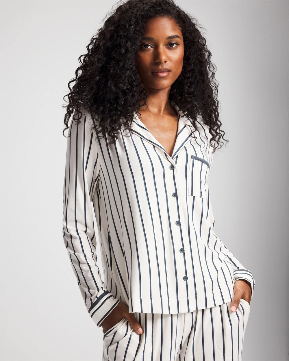 UNWIND STRIPE CHAMPAGNE Long-Sleeve Notch Collar Pajama Top