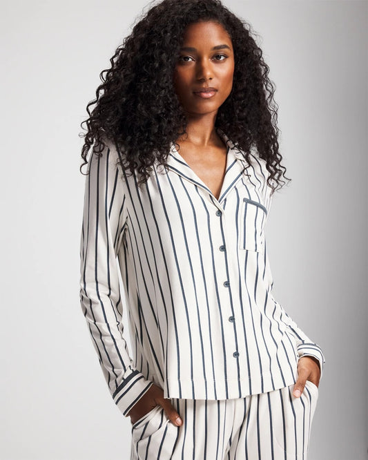 UNWIND STRIPE CHAMPAGNE Long-Sleeve Notch Collar Pajama Top