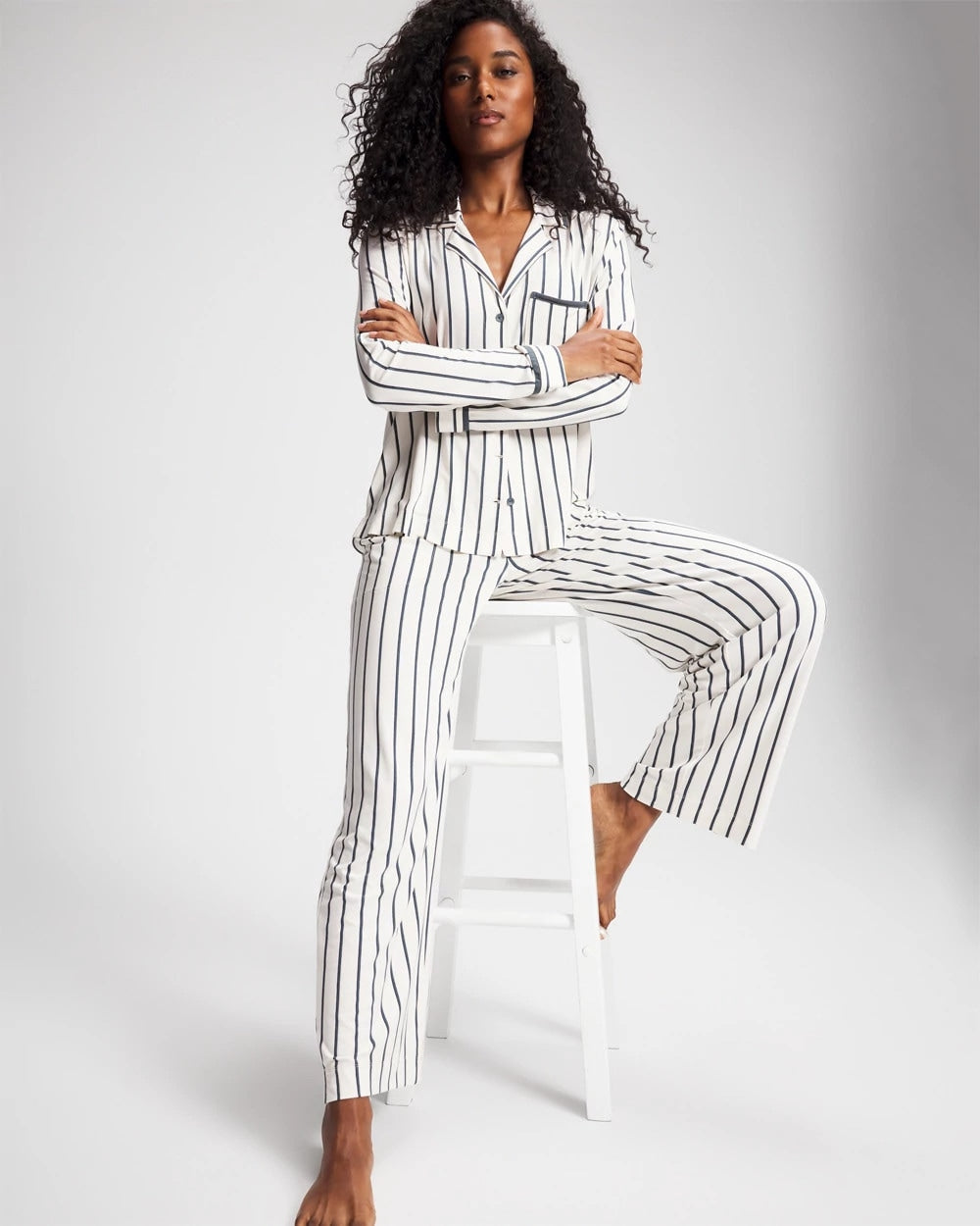 UNWIND STRIPE CHAMPAGNE Long-Sleeve Notch Collar Pajama Top