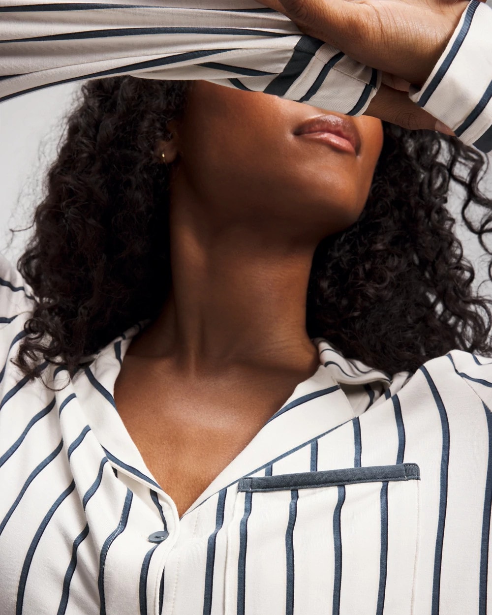 UNWIND STRIPE CHAMPAGNE Long-Sleeve Notch Collar Pajama Top