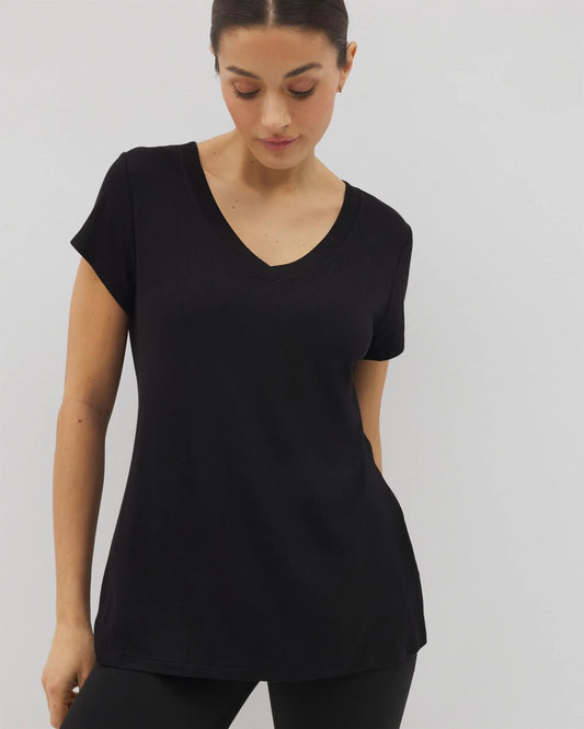 BLACK Rib Knit V-Neck Tee